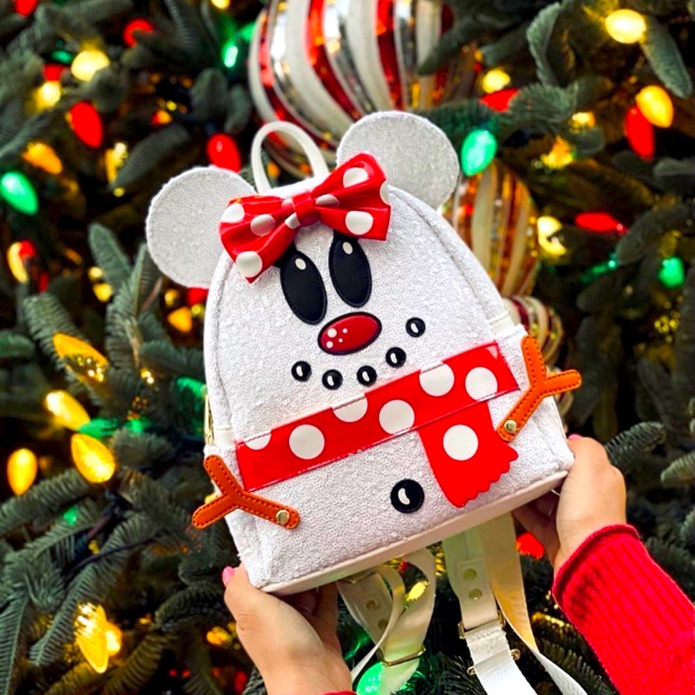 Loungefly Disney Minnie Mouse Snowman Sequin Christmas Mini Backpack NWT